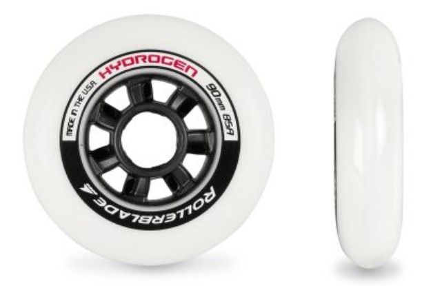 White Hydrogen skeeler wheel of 90 mm and 85A durometer in side and profile view